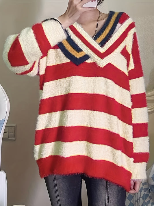 Sixsr Striped Color Block Pullover Sweater, Casual Long Sleeve Sweater, Women's Clothing