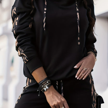 Sixsr Striped Casual Two-piece Set, Drawstring Hooded Drop Shoulder Tops & Long Length Loose Pants Set, Women's Clothing