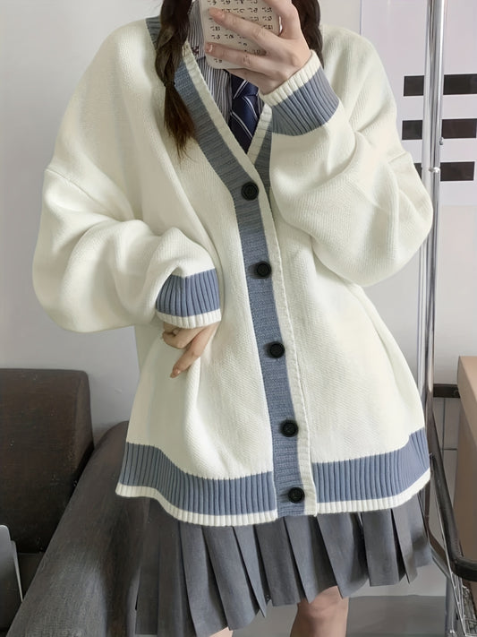 Sixsr Floral Pattern Contrast Trim Cardigan, Casual Long Sleeve Cardigan For Fall & Winter, Women's Clothing