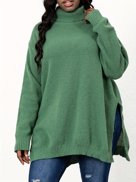 Sixsr Plus Size Turtle Neck Knit Side Slit Sweater, Women's Plus Solid High Stretch Elegant Sweater