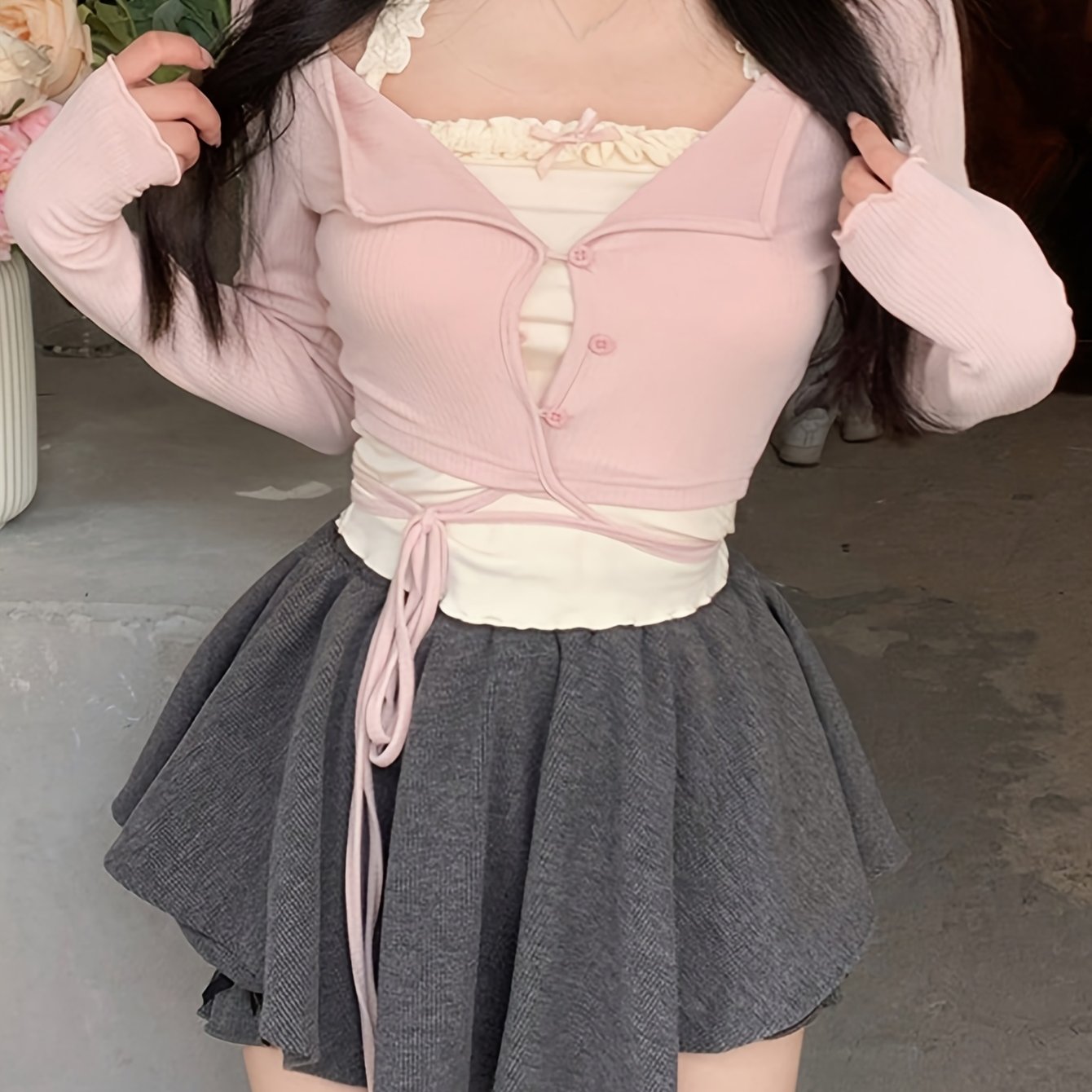 Sixsr Button Front Crop Tied Top, Chic Solid Long Sleeve Top For Spring & Fall, Women's Clothing