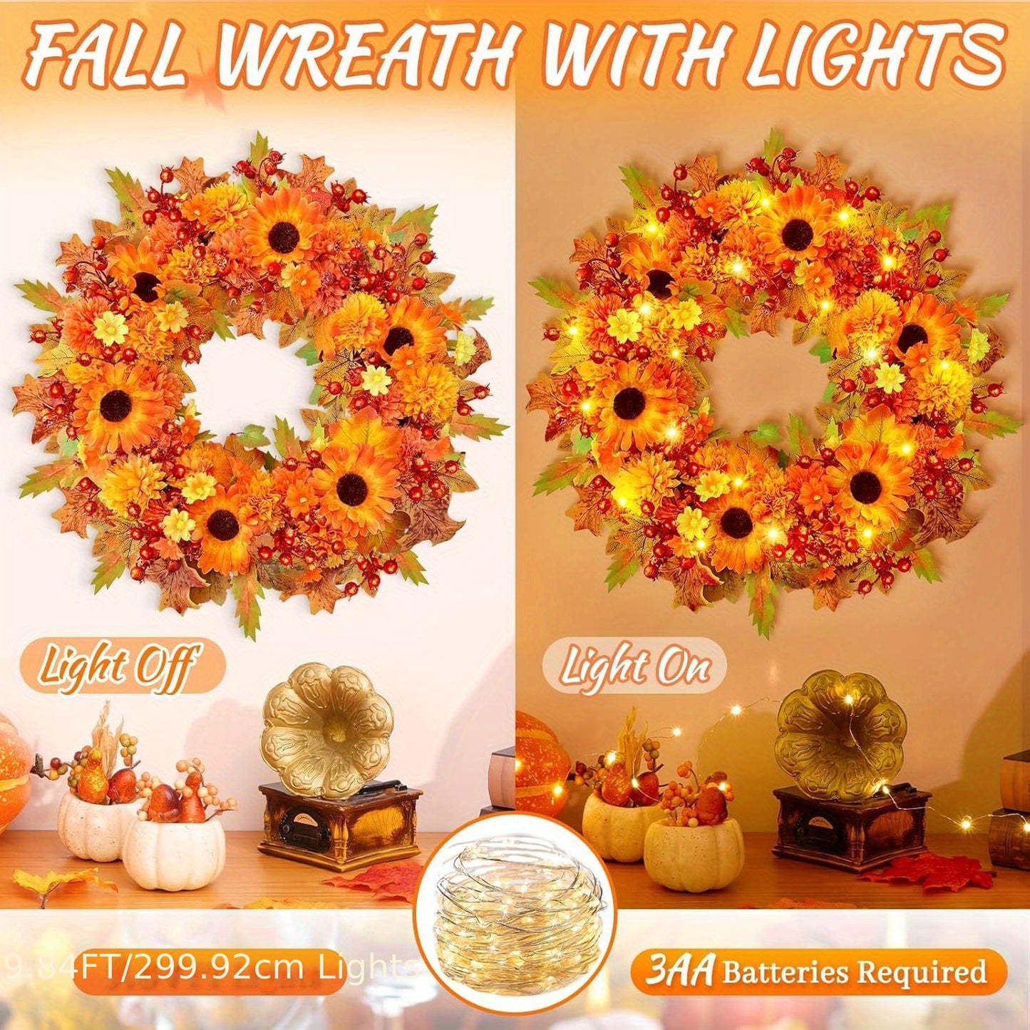 20" Silk Front Door Wreath with Lifelike Blooming Sunflowers, Marigolds, Daisies, Berries & Maple Leaves, and Lights for Thanksgiving Home Decoration