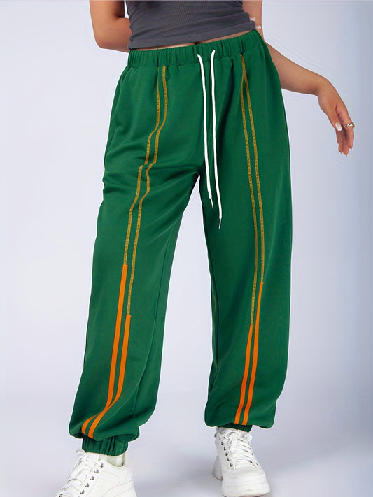 Sixsr Plus Size Casual Sports Pants, Women's Plus Stitching Elastic Drawstring High Rise Medium Stretch Pants With Pockets