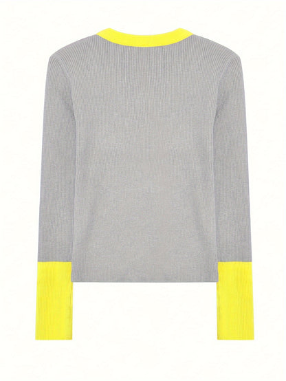 Sixsr Color Block Crew Neck Knitted Top, Casual Long Sleeve Slim Sweater, Women's Clothing