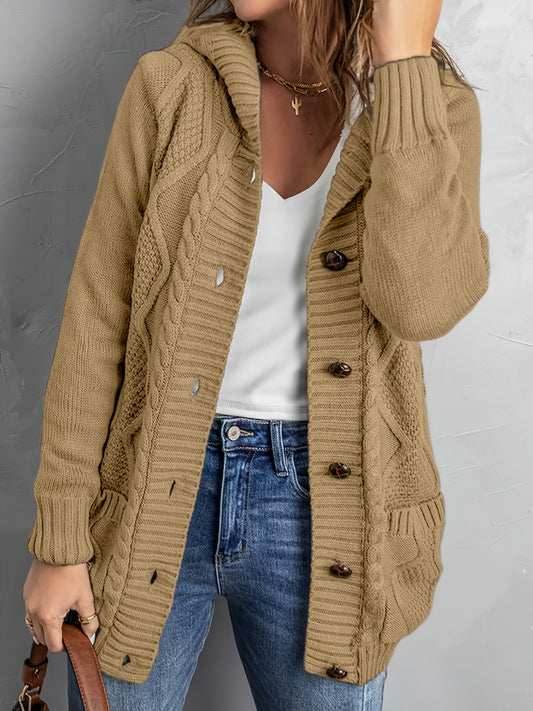 Sixsr Oversized Knit Hoodie, Long Chunky Knit Front Pocket Hooded Cardigan Sweater, Casual Tops For Fall & Winter, Women's Clothing