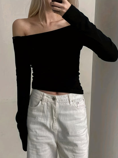 Sixsr Solid Off Shoulder T-Shirt, Casual Slim Long Sleeve Top For Spring & Fall, Women's Clothing