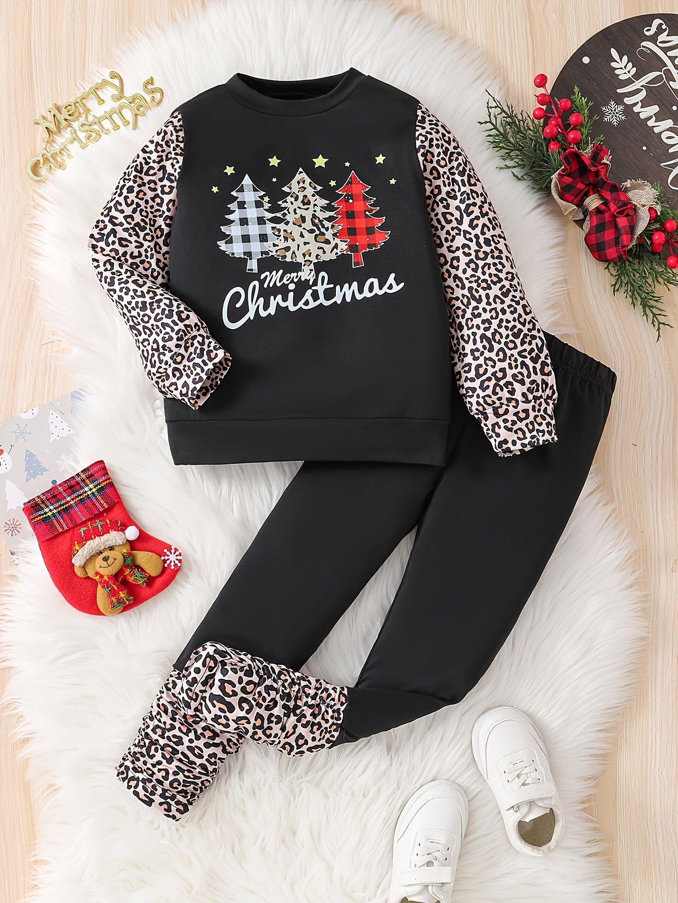 Girl's Leopard Pattern Outfit 2pcs, Sweatshirt & Leggings Set, MERRY CHRISTMAS Print Kid's Clothes For Spring Fall, Outdoor Clothing