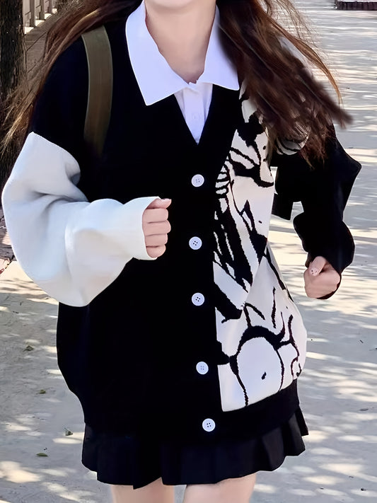 Sixsr Graphic Pattern Button Down Knit Cardigan, Vintage Long Sleeve Loose Sweater, Women's Clothing