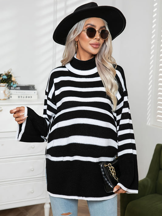 Sixsr Suitable For 1-5 Months Maternity Striped Side Split Turtleneck Sweater Women Loose Fall Winter New Sweater Pullover Top Sweater Black And White Between Strips Fashion Popular
