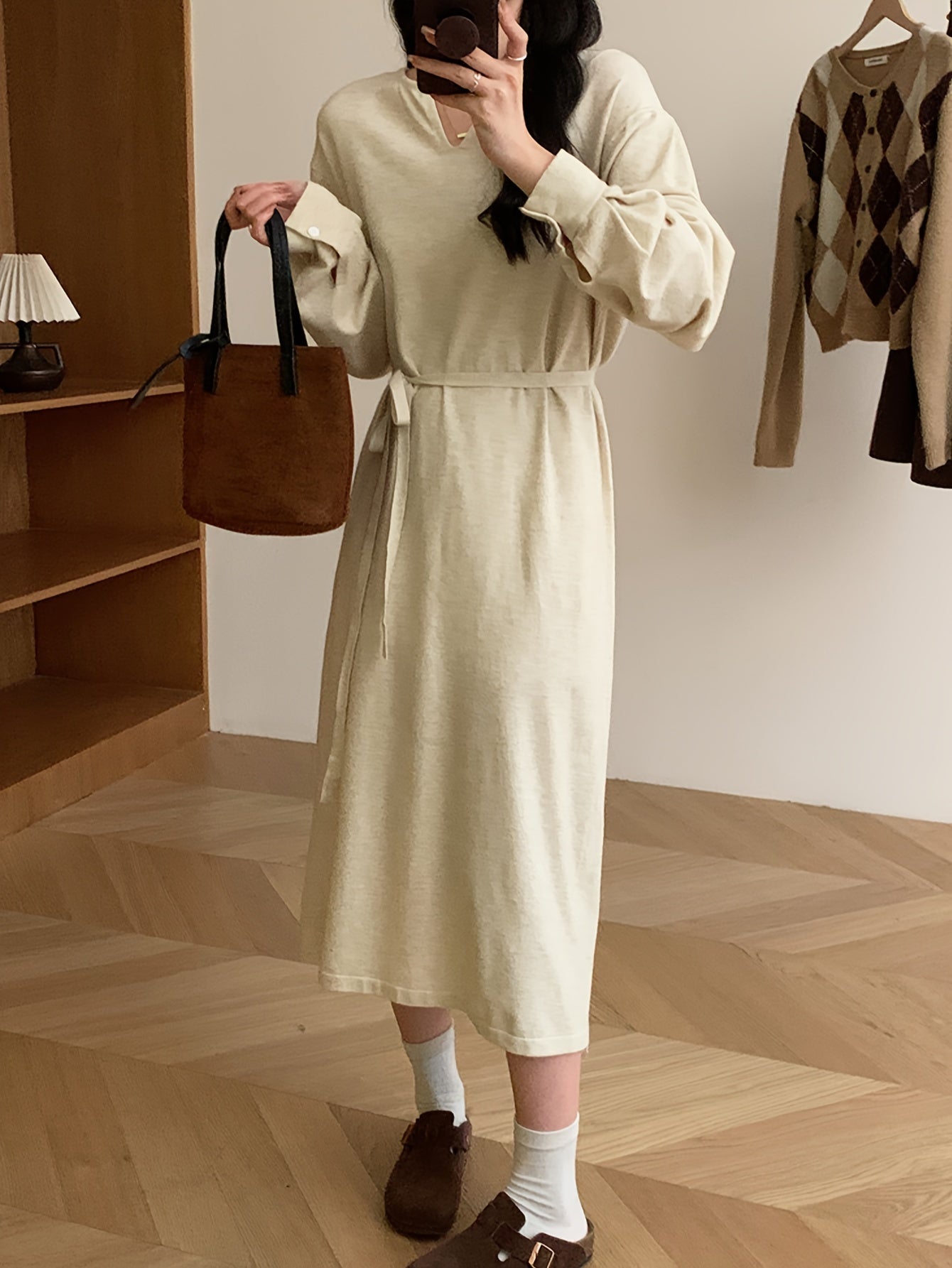 Sixsr Solid Color Long Sleeve Dress, Elegant Every Day Dress For Spring & Fall, Women's Clothing