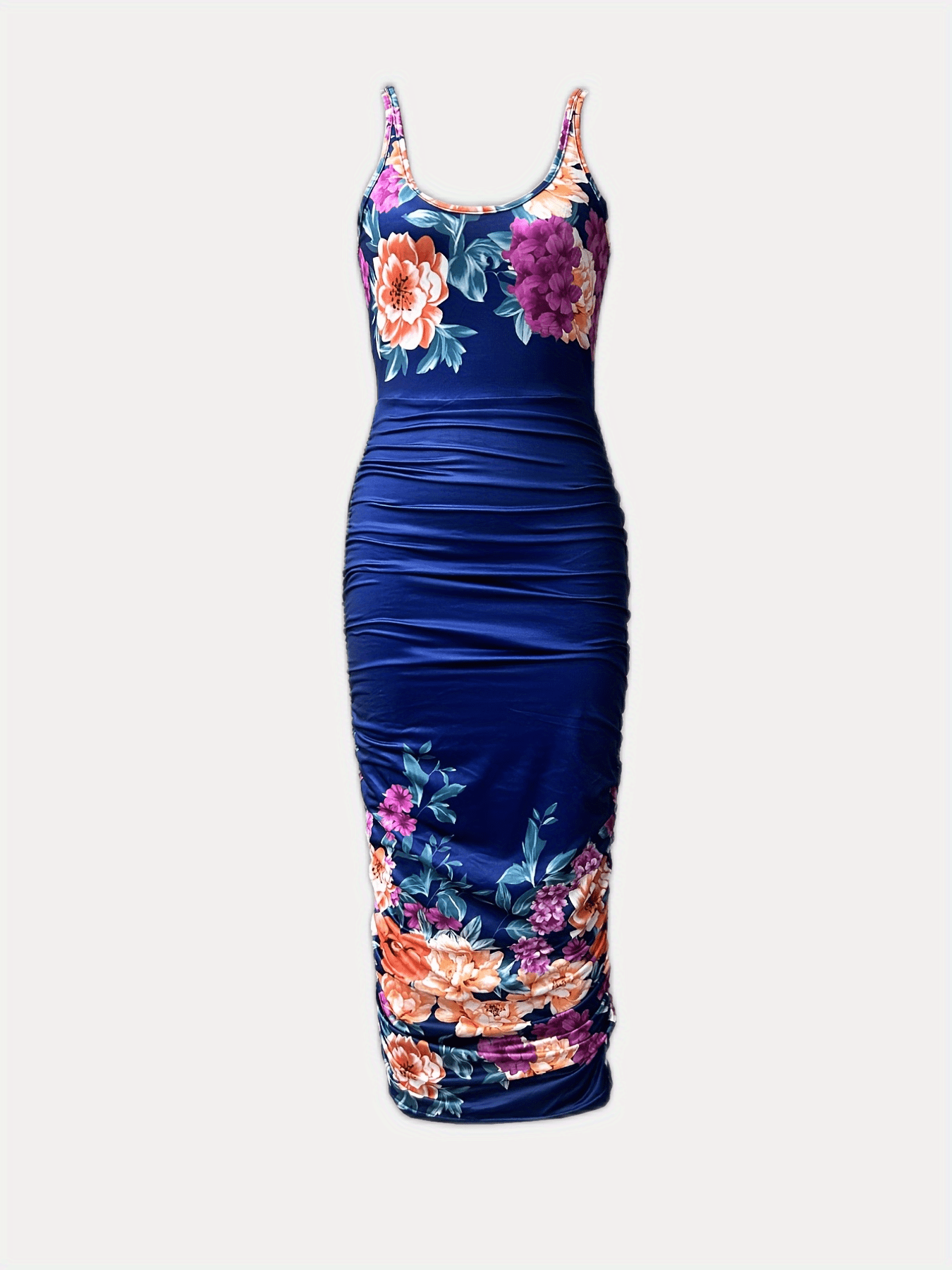 Floral Print Ruched Dress, Sexy U Neck Bodycon Sleeveless Dress, Women's Clothing