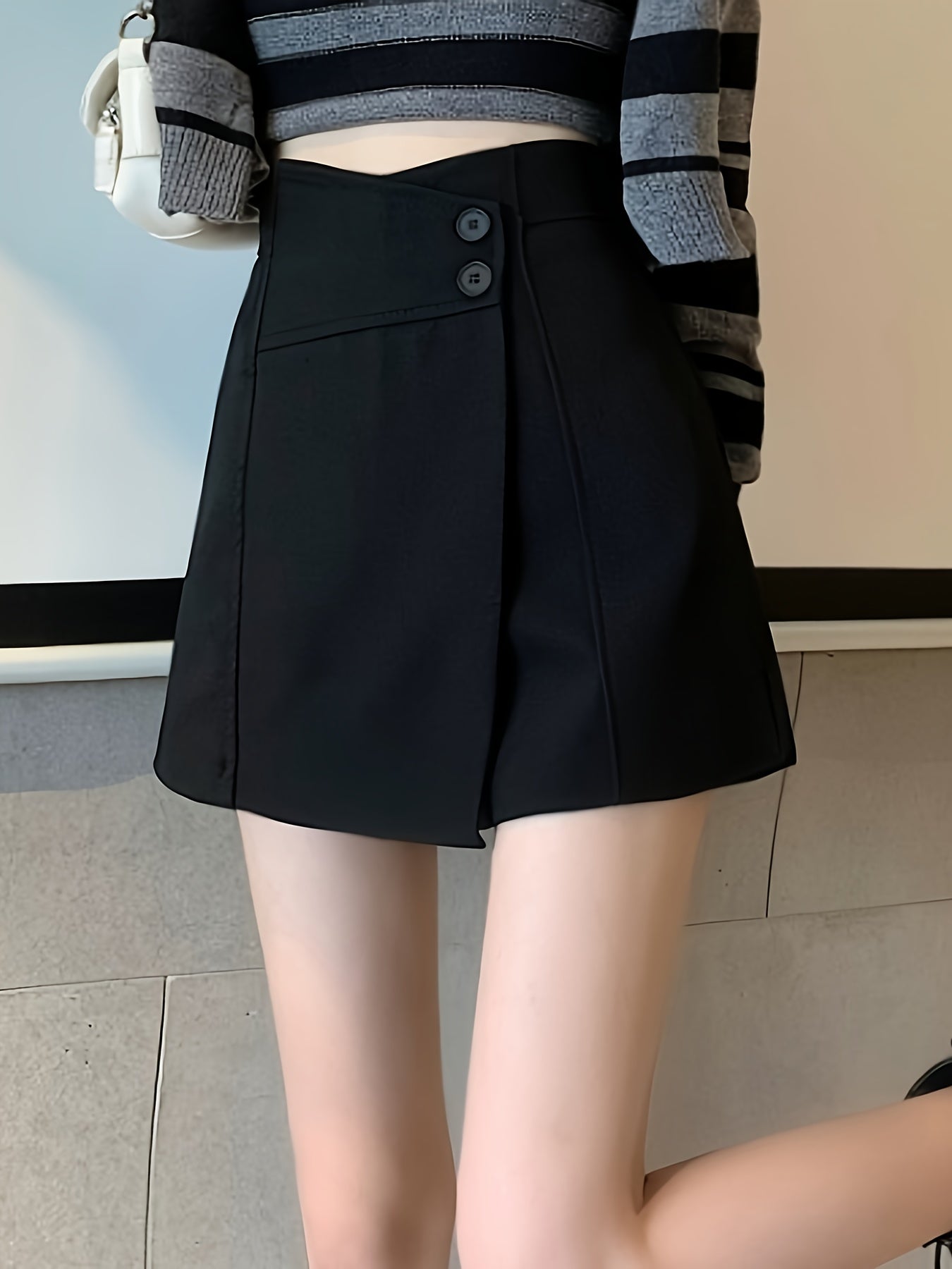 Sixsr Solid High Waist Skort, Casual Button Loose Skorts, Women's Clothing