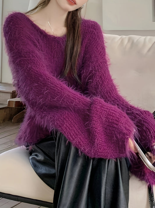 Sixsr Solid Crew Neck Plush Pullover Sweater, Casual Long Sleeve Loose Cozy Sweater, Women's Clothing