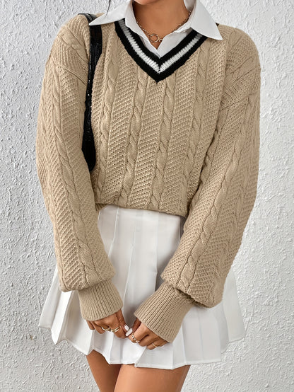 Sixsr Cable Knit V Neck Pullover Sweater, Casual Long Sleeve Loose Sweater, Women's Clothing