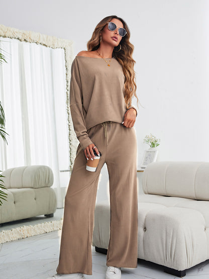 Stylish Women's Batwing Sleeve Top and Knot Waist Pants Set for Casual Wear