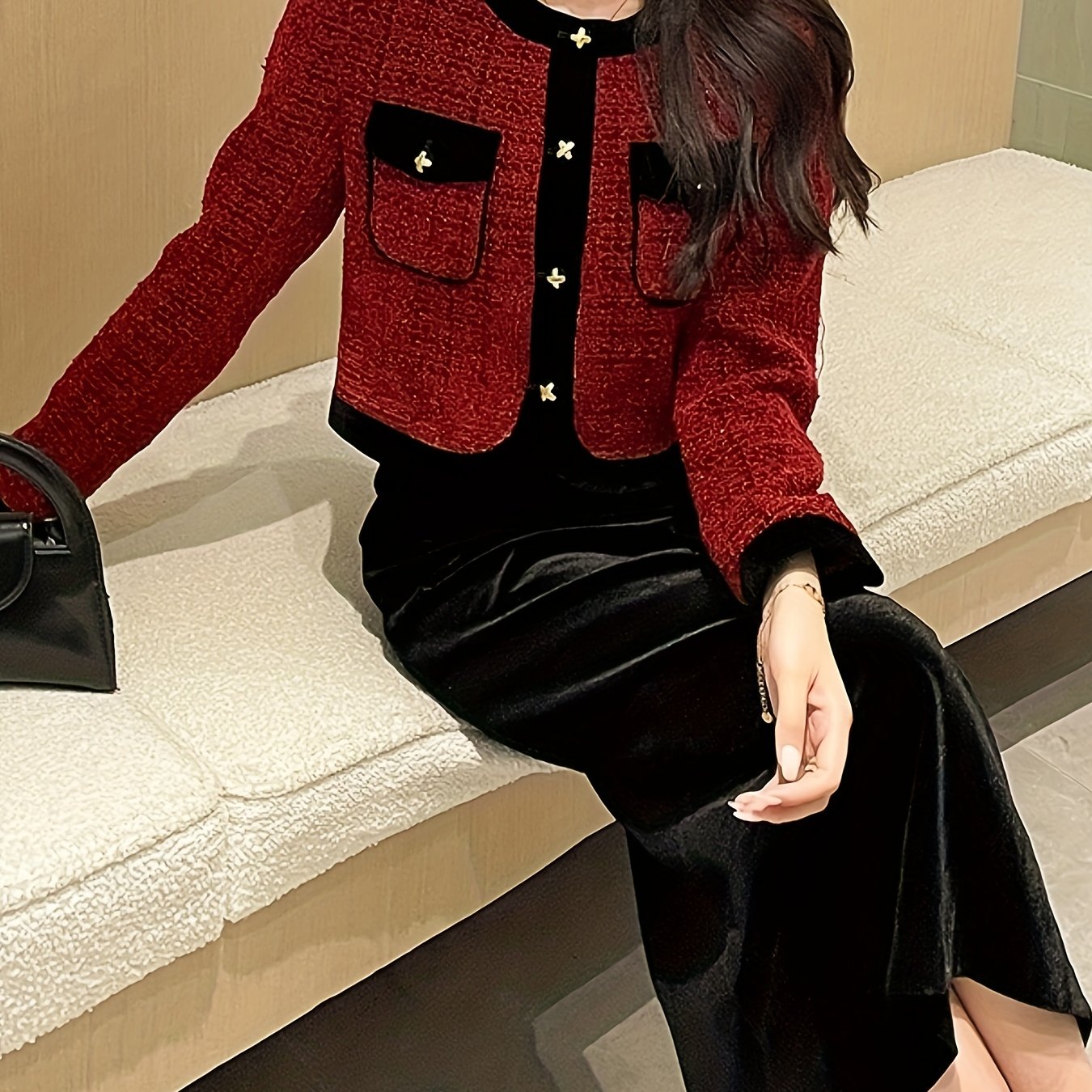 Sixsr Elegant Work Two-piece Set, Button Front Long Sleeve Tops & Solid Split Skirts Outfits, Women's Clothing