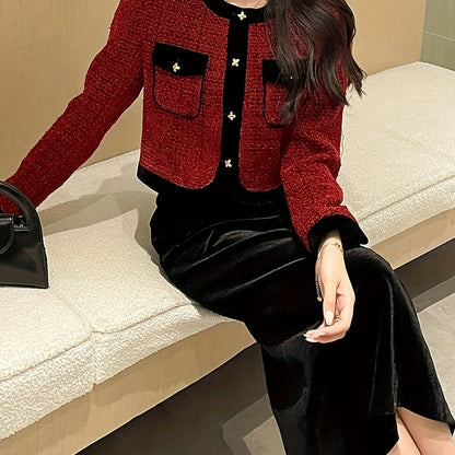 Sixsr Elegant Work Two-piece Set, Button Front Long Sleeve Tops & Solid Split Skirts Outfits, Women's Clothing