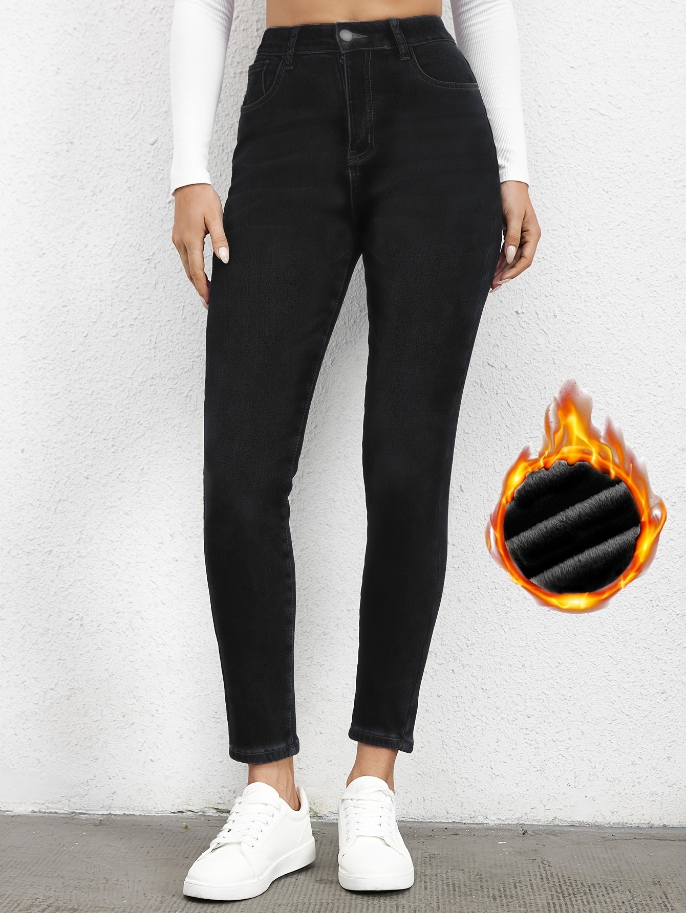 Sixsr Plain Fleece Liner Skinny Jeans, Slim Fit Mid-Stretch Keep Warm Casual Denim Pants, Women's Denim Jeans & Clothing