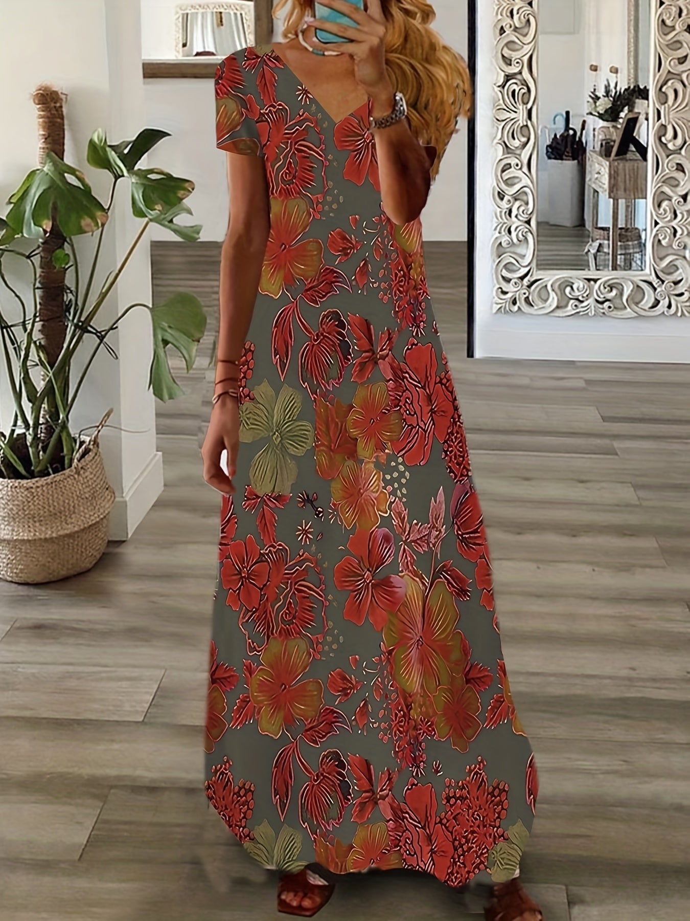 Plus Size Casual Dress, Women's Plus Floral Print Short Sleeve V Neck Medium Stretch Maxi Dress