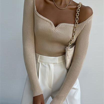 Sixsr Solid Sweetheart Neck Slim Sweater, Versatile Long Sleeve Knitted Top For Fall & Winter, Women's Clothing