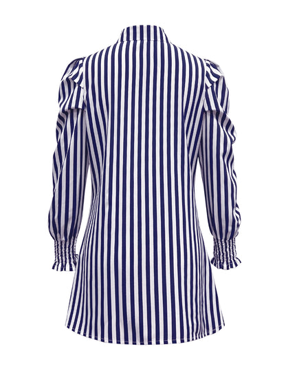 Sixsr Striped Button Front Dress, Elegant Ruched Long Sleeve Lapel Collar Shirt, Women's Clothing