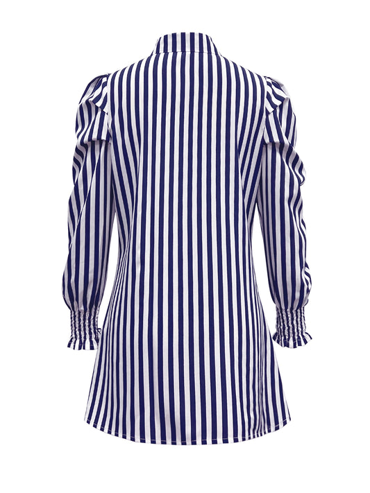 Sixsr Striped Button Front Dress, Elegant Ruched Long Sleeve Lapel Collar Shirt, Women's Clothing