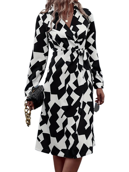 Sixsr Geo Print Wrap V Neck Dress, Elegant Long Sleeve Dress For Spring & Fall, Women's Clothing