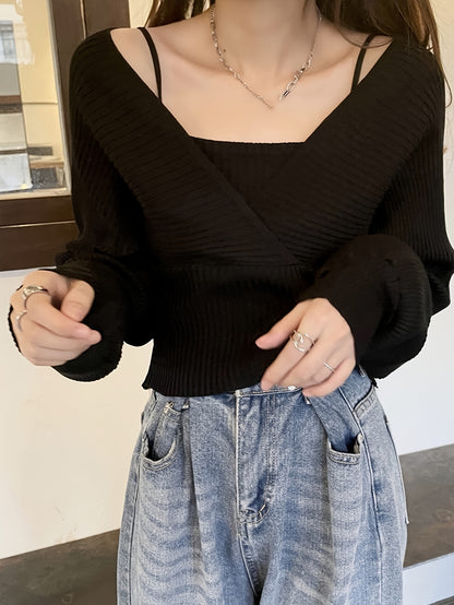 Sixsr Solid Color Faux Twinset Sweater, Chic Long Sleeve Crop Tied Sweater For Fall & Winter, Women's Clothing