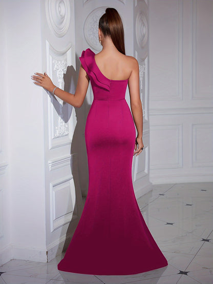 One Shoulder Ruffle Trim Dress, Elegant Slit Backless Floor Length Bodycon Dress For Party & Banquet, Women's Clothing