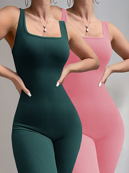 Sixsr 2pcs Solid Color Ribbed Yoga Jumpsuit, Square Neck Sports Fitness Sleeveless Bodysuit, Women's Activewear
