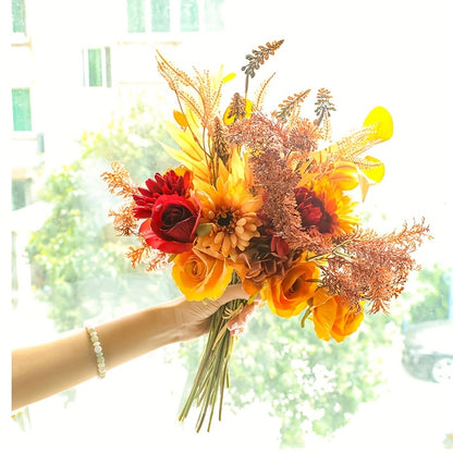 1pc Artificial Flower Bouquets, Silk Sunflowers For Home Decor And Wedding, Faux Fall Flower Dining Table Centerpiece, Artificial Plants Fall Foliage Silk Flowers For Decoration, Autumn Thanksgiving Halloween Harvest Festival Decor