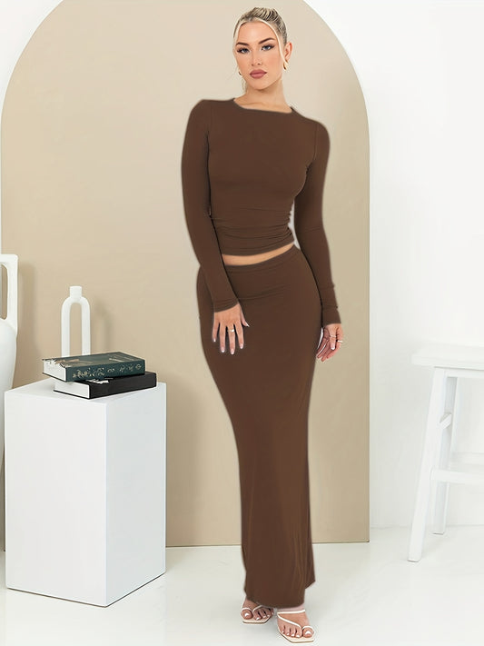 Sixsr Casual Solid Two-piece Set, Crew Neck Long Sleeve Top & Slim Maxi Skirts Outfits, Women's Clothing