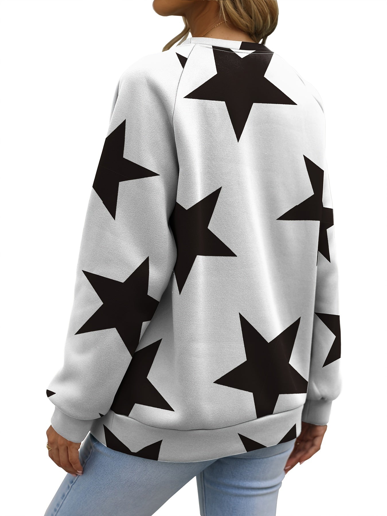 Sixsr Plus Size Casual Sweatshirt, Women's Plus Star Print Raglan Sleeve Crew Neck Slight Stretch Pullover Sweatshirt, Casual Tops For Fall & Winter, Plus Size Women's Clothing