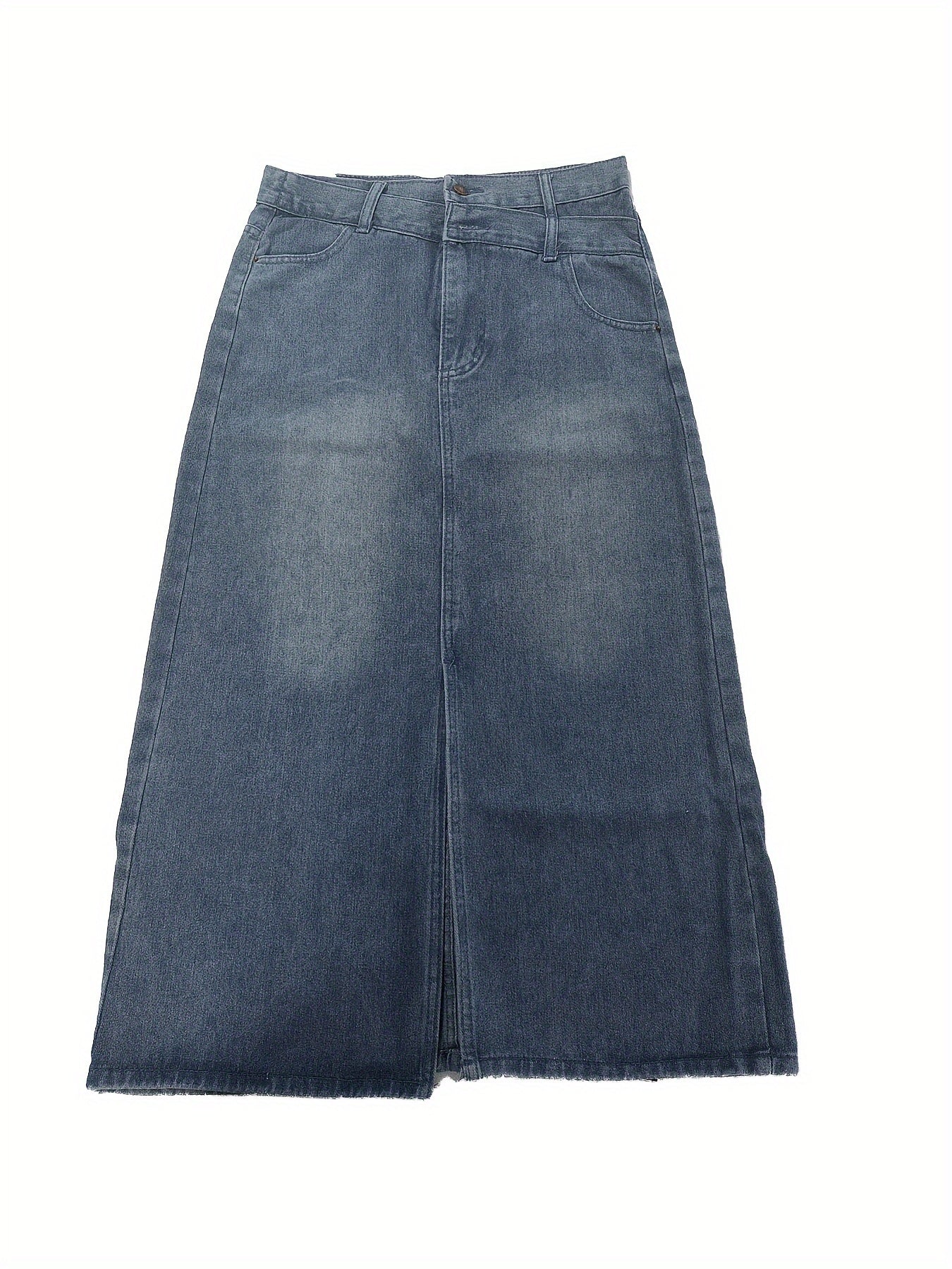 Sixsr Split Front Niche Design Denim Midi Skirt, Double Button High Waist A-line Fashion Denim Skirt, Women's Denim Clothing