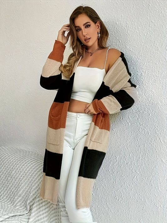 Color Block Striped Open Front Cardigan, Casual Long Sleeve Cardigan, Women's Clothing