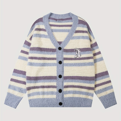 Sixsr Elegant Slightly Stretch Striped Cardigan Coat, Men's Casual Vintage Style V Neck Button Up Cardigan For Fall Winter