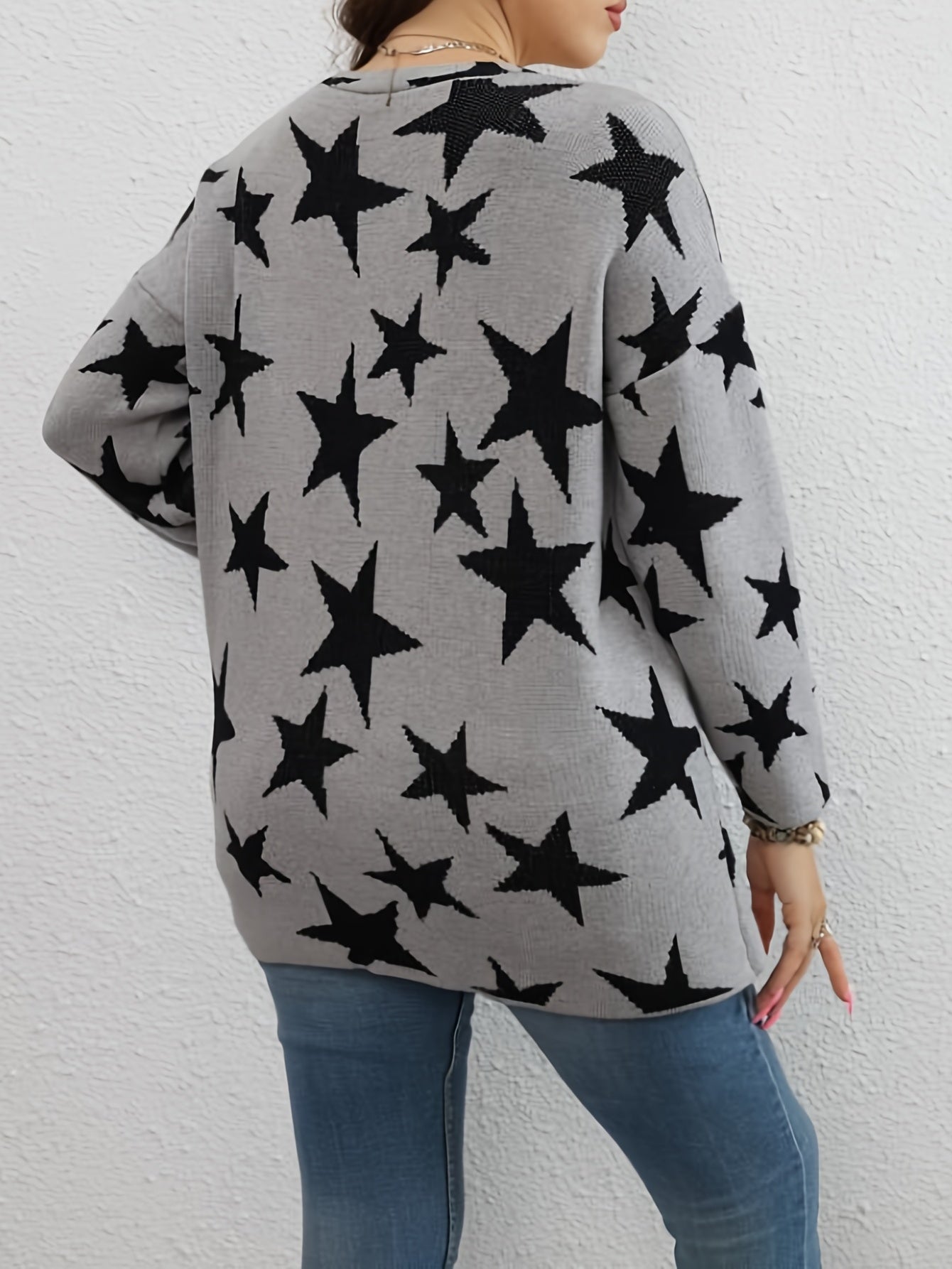 Sixsr Star Pattern Open Front Cardigan, Casual Long Sleeve Cardigan For Spring & Fall, Women's Clothing
