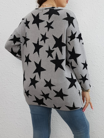 Sixsr Star Pattern Open Front Cardigan, Casual Long Sleeve Cardigan For Spring & Fall, Women's Clothing