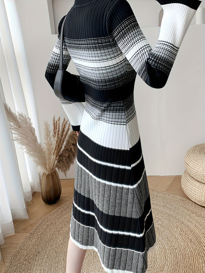 Sixsr Striped Print Long Sleeve Knit Dress, Elegant Crew Neck A-line Dress, Women's Clothing