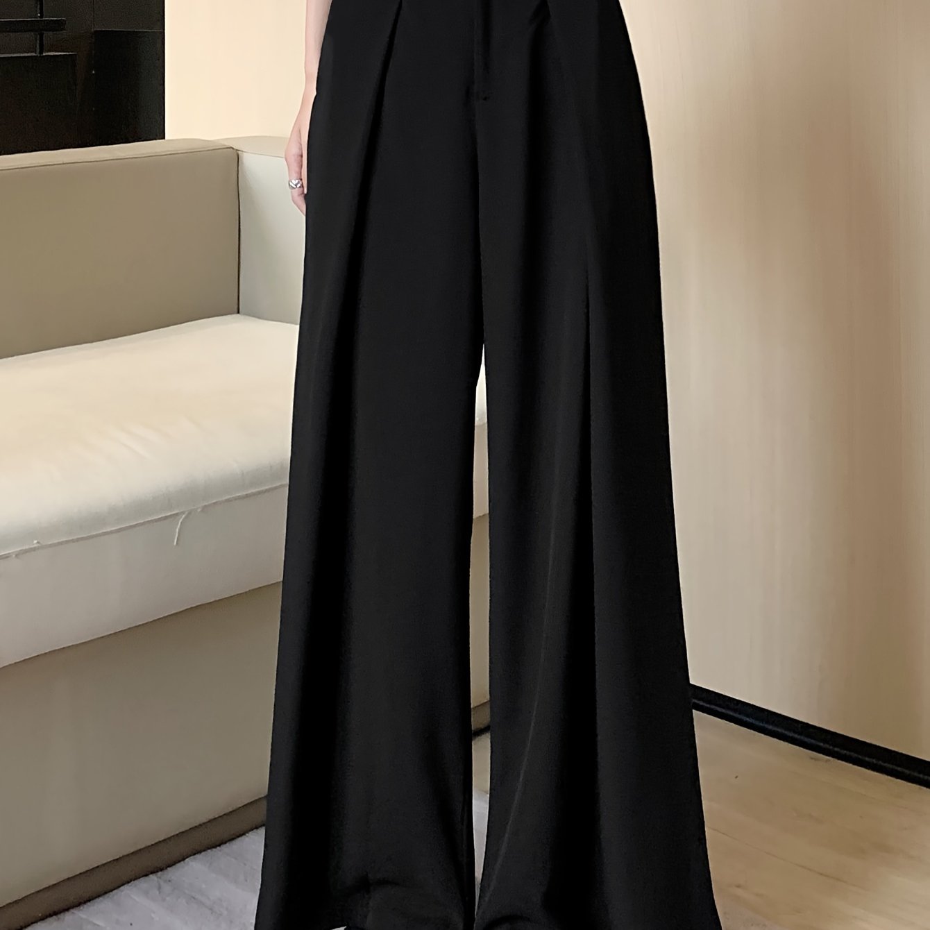 Sixsr Solid Button Front Wide Leg Pants, Versatile High Waist Pants For Spring & Fall, Women's Clothing
