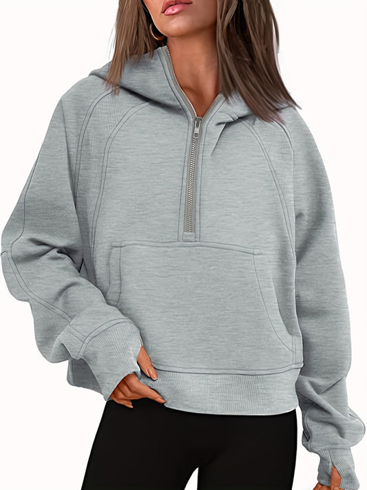 Sixsr Plus Size Casual Sweatshirt, Women's Plus Heathered Zip Up Long Sleeve Crop Hoodie Sweatshirt With Pockets & Thumb Hole