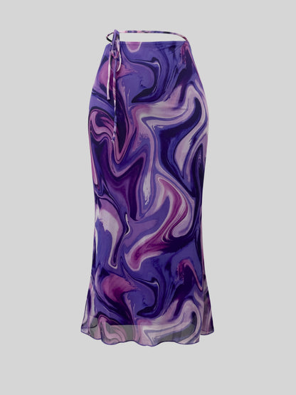 Sixsr All Over Print Tie Waist Mesh Skirt, Casual Skirt For Spring & Summer, Women's Clothing