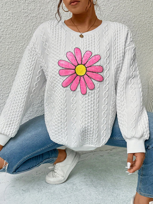 Sixsr Plus Size Casual Sweatshirt, Women's Plus Floral Print Long Sleeve Round Neck Knit Sweatshirt