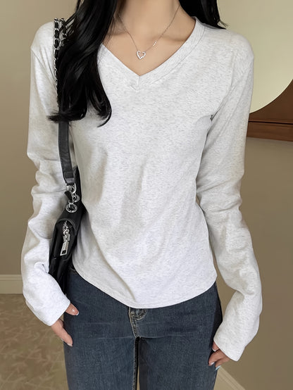 Sixsr Solid Color V Neck T-Shirt, Casual Long Sleeve T-Shirt For Spring & Fall, Women's Clothing