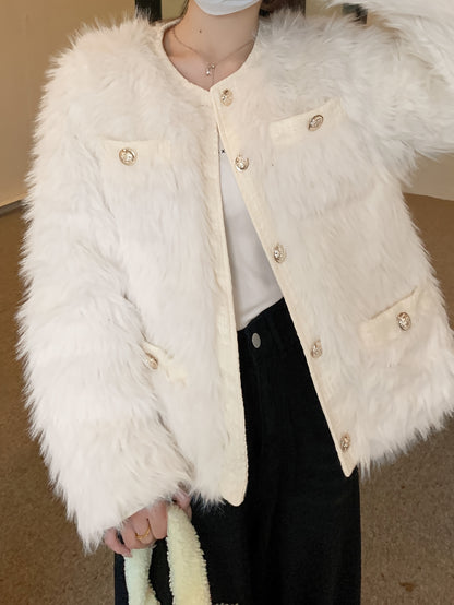 Sixsr Faux Fur Button Front Coat, Chic Thermal Long Sleeve Coat For Fall & Winter, Women's Clothing