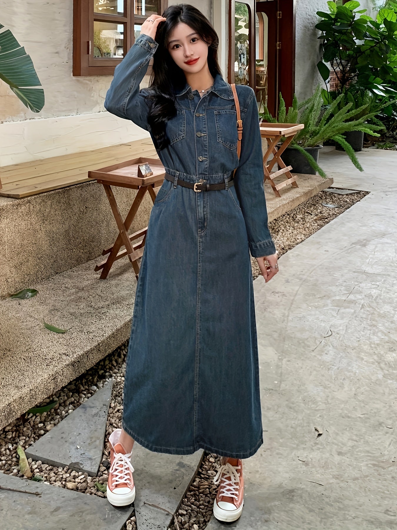 Sixsr Blue Long Sleeves Denim Dress, Retro Style Single Breasted Button Split Lapel Denim Dress, Women's Denim Clothing