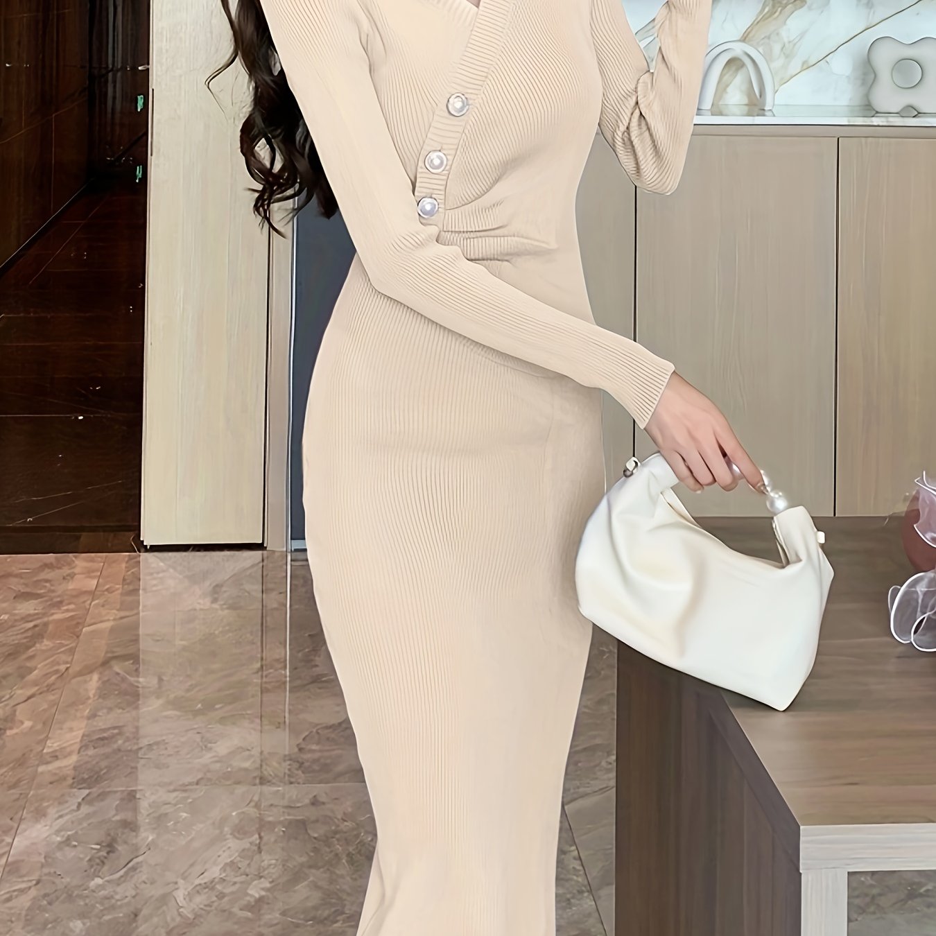 Sixsr Button Front Solid Midi Dress, Elegant V Neck Long Sleeve Dress, Women's Clothing