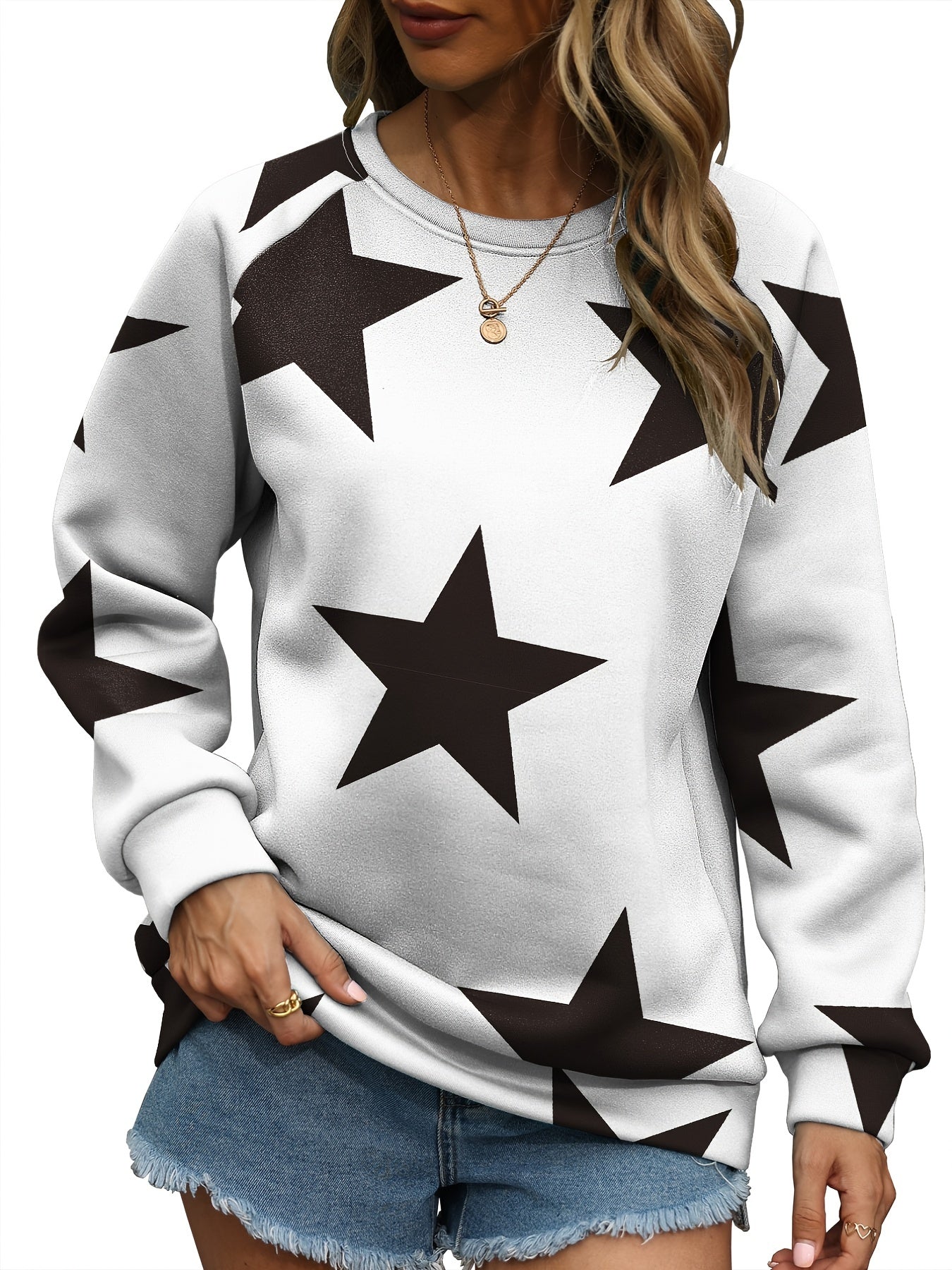 Sixsr Plus Size Casual Sweatshirt, Women's Plus Star Print Raglan Sleeve Crew Neck Slight Stretch Pullover Sweatshirt, Casual Tops For Fall & Winter, Plus Size Women's Clothing