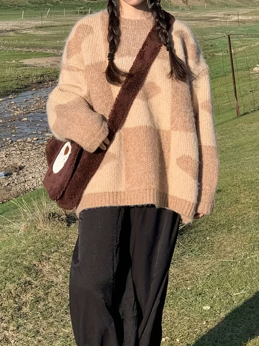 Sixsr Heart Pattern Crew Neck Sweater, Casual Long Sleeve Sweater For Fall & Winter, Women's Clothing