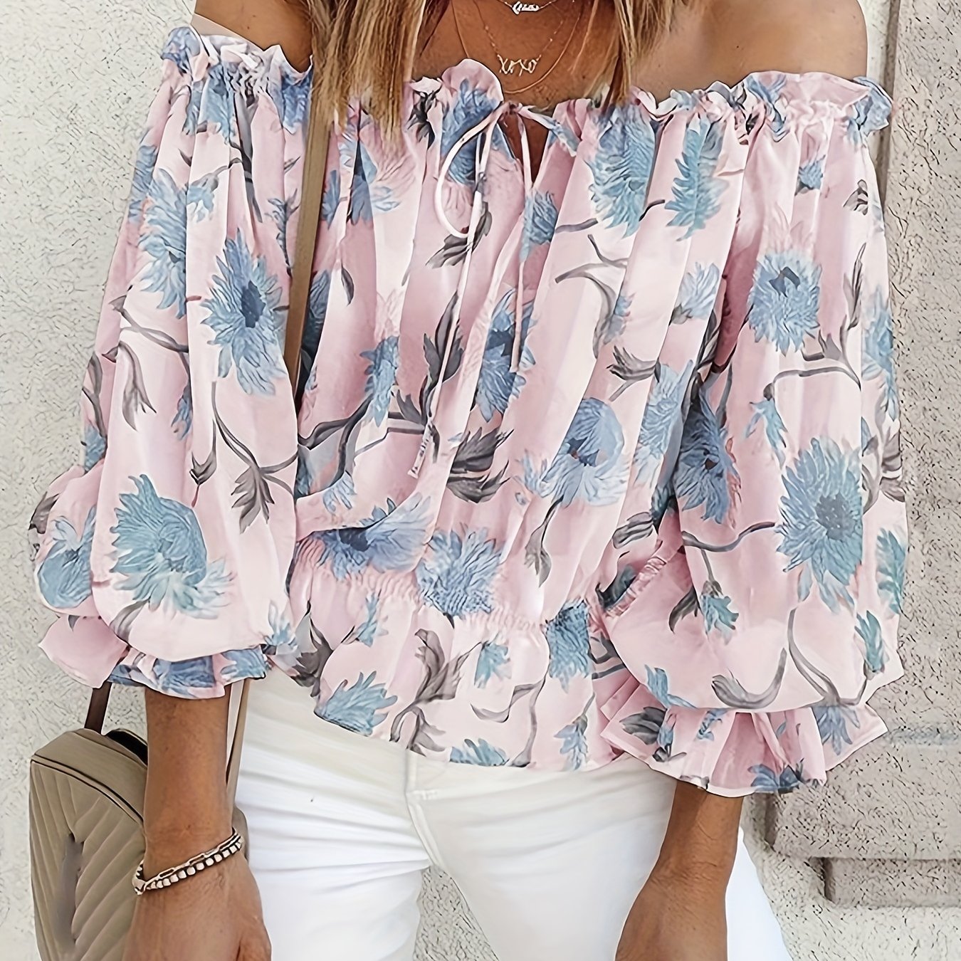 Off Shoulder Floral Print Blouse, Casual Ruffle Trim Blouse, Women's Clothing